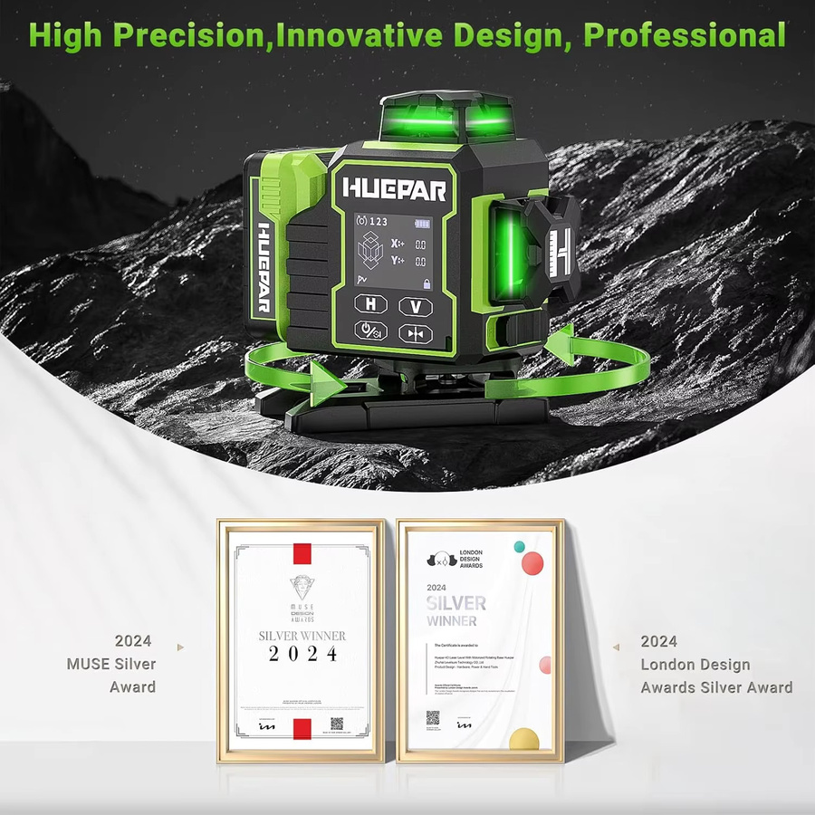 Huepar W04CG Laser Level Selbstnivellierend 4x360 Grad Bluetooth 4D Green Laser Leveler mit elektrisch drehbarer Basis und LCD-Bildschirm - Bild 5