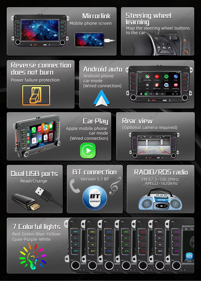 MEKEDE 7 Zoll 2 Din Autoradio mit CarPlay und Android Auto, Bluetooth und Video für Volkswagen, Seat, Skoda, Passat, Golf und Polo in Schwarz - Bild 4
