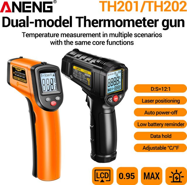 ANENG Infrarot-Thermometer mit Kontaktloser Messung und Hygrometer als Laser-Feuchtigkeitsmesser in Schwarz-Orange für Temperaturen von -50 bis 400°C - Bild 1