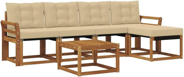 vidaXL Outdoor-Sofagarnitur 6-teilig aus Akazienholz und Textilene in Natur und Beige mit Kissen und Armlehnen - Bild 1