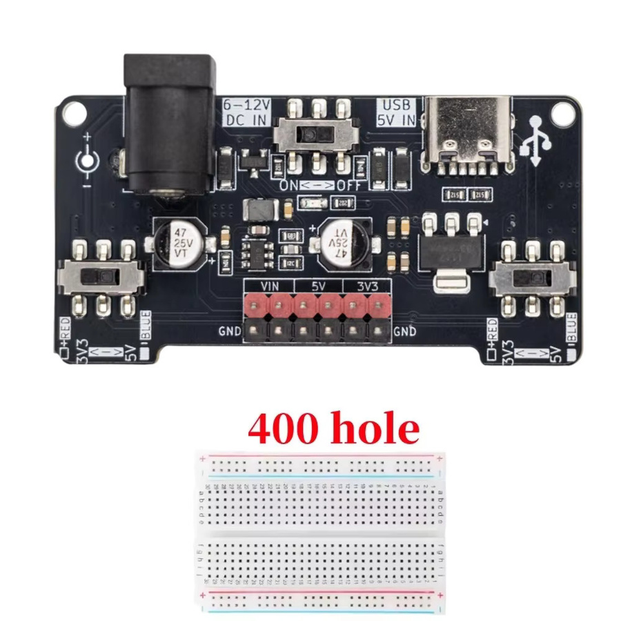 Emakefun Dual-Input-Breadboard-Stromversorgungsmodul in Schwarz mit 6-12 V DC, Typ-C-Schnittstelle und 2,1 x 5,5 mm Klinkenstecker sowie separat gesteuerten 3,3-V- und 5-V-Ausgangsreglern - Bild 4