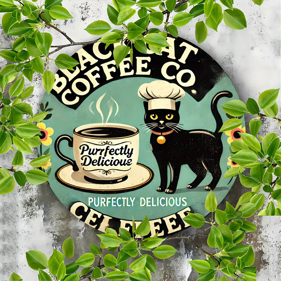 Potdemiel Black Cat Coffee Co Vintage Aluminiumschild rund, Durchmesser: 19,81 cm, Wanddekoration für Café, Bar und Zuhause, Mehrfarbig - Bild 2