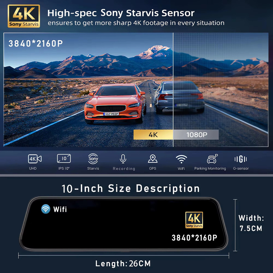 MYOLSD 4K Dash Cam Spiegel Dashcam mit Dual Objektiv, 10 Zoll IPS Bildschirm, GPS und Wi-Fi, Schwarz - Bild 2