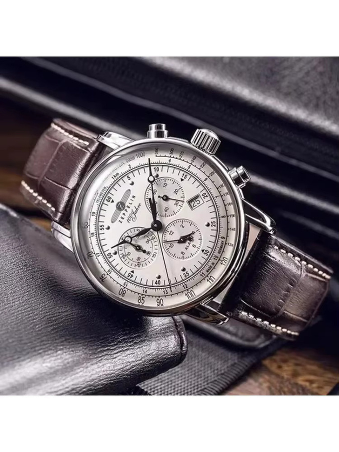 Zeppelin Armbanduhr, Quarz, Edelstahl, Leder, Weiß, Herren - Bild 6