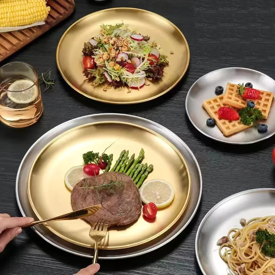JAOER 4er Set kreisförmige Edelstahl-Servierplatten in Silber für Fleisch und Kuchen - Bild 1