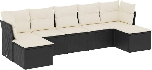 vidaXL 7-tlg Garten-Sofagarnitur in L-Form aus Poly Rattan und Metall mit Kissen in Schwarz und Weiß - Bild 1