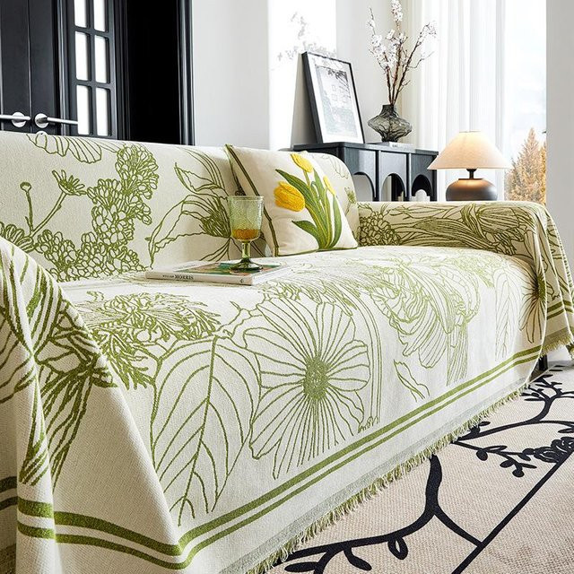 Reversibles Chenille-Sitzkissen mit Quasten von Your Warm Home in Grün, staubdichter Sofa-Bezug mit floralem Muster, B/B: 180 x 130 cm - Bild 1