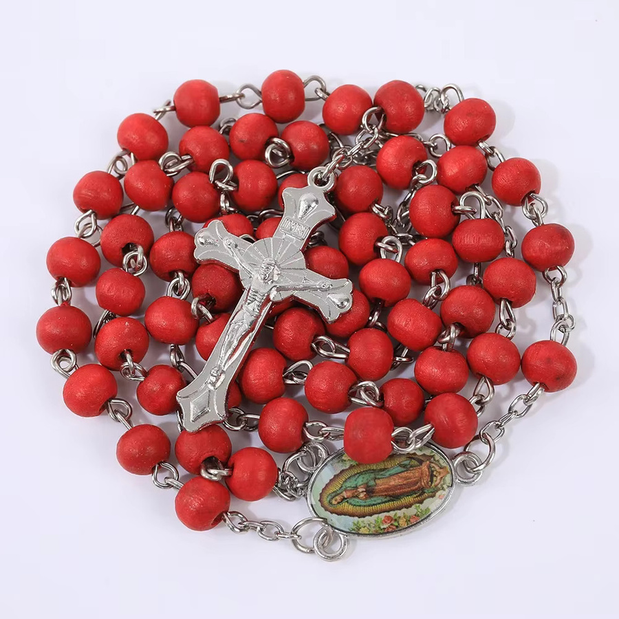 DAIPAN Halskette Holz, Rot, Jungfrau Maria-Kreuz-Anhänger, Unisex - Bild 1