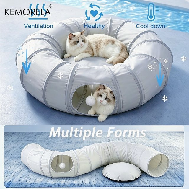 KEMORELA Sommer-Kühl-Katzentunnel, faltbares Katzenspielzeug, zusammenklappbar mit Ballöffnung - Bild 1
