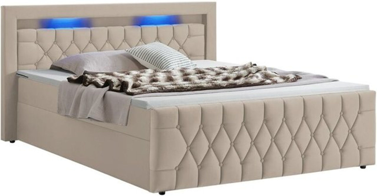 Juskys Boxspringbett Leona in Beige mit Samtbezug, LED-Unterbettbeleuchtung und Federkern, B/T: 140 x 200 cm - Bild 4