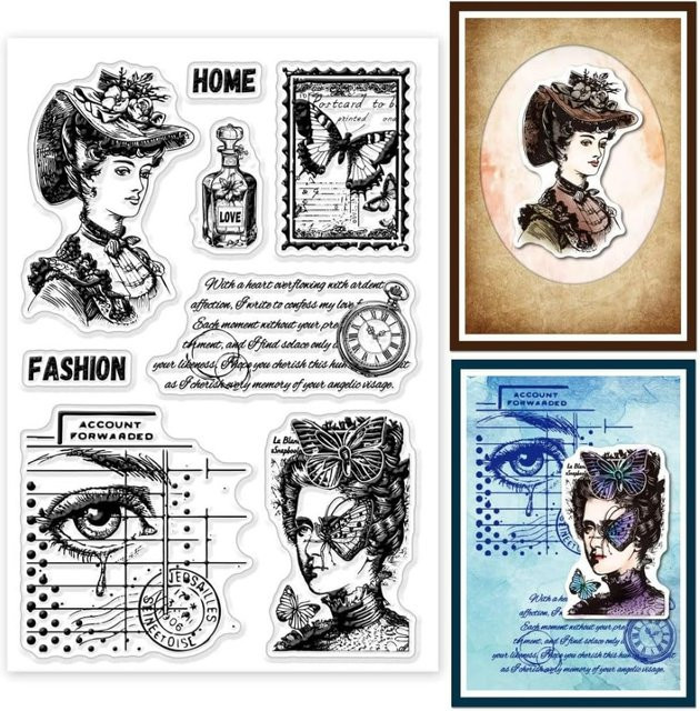 Retro Lady Transparenter Silikonstempel für DIY-Projekte mit Flecken-Hintergrunddesign - Bild 1