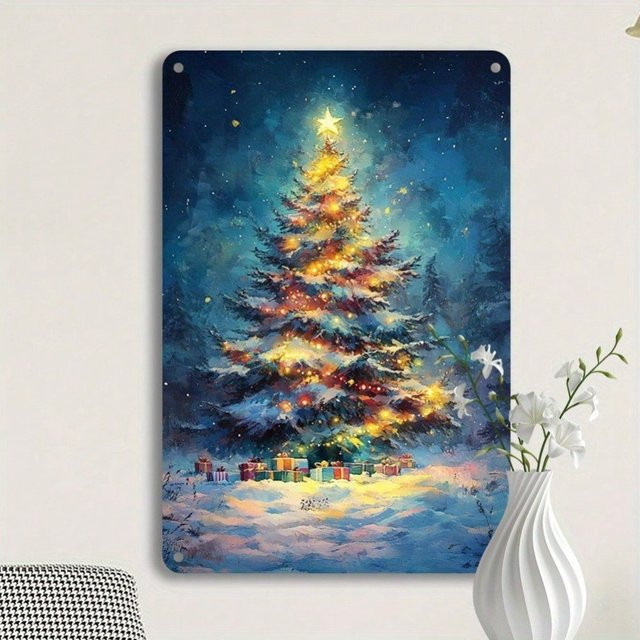 MINISO Vintage Snowy Christmas Tree Metall-Wanddekoration, B/H: 20,3 x 30,5 cm - Bild 1