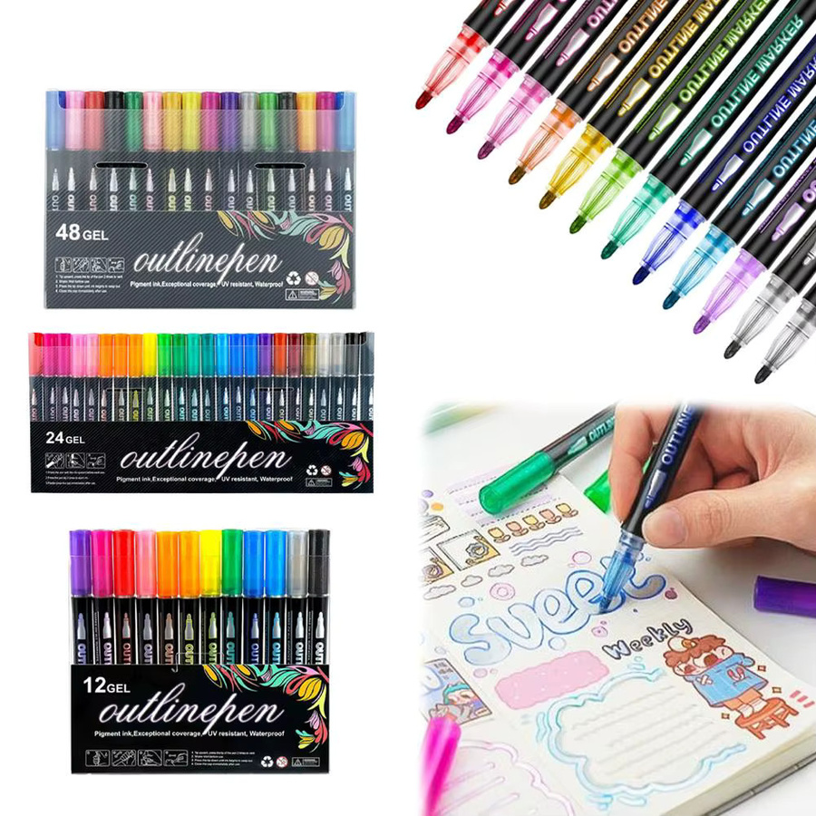 Doppellinien-Konturenstifte mit Selbstkontur-Effekt, Metallic-Marker und fluoreszierende Graffiti-Stifte für Handkalligrafie, Mehrfarbig - Bild 2