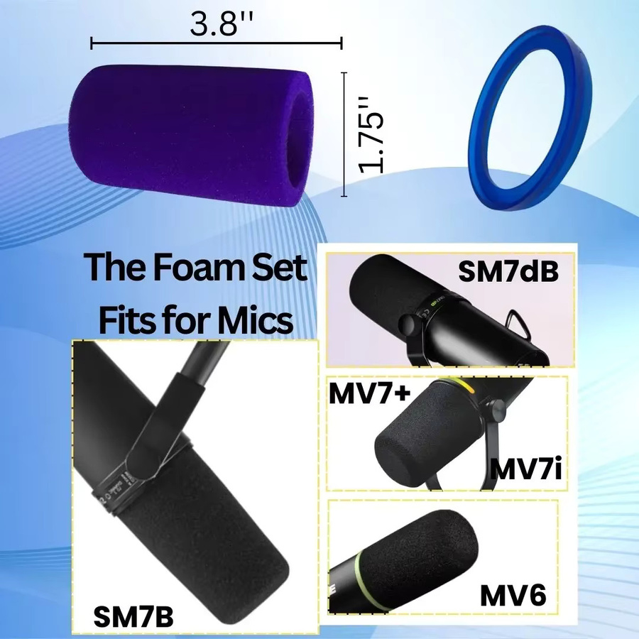 Okrinos Mikrofon-Windschutz aus Schaumstoff in Violett mit blauem und mehrfarbigem Haltering für SM7B und SM7dB Mikrofone - Bild 3