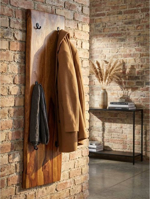 Moderne Wandgarderobe von KADIMA DESIGN aus Massivholz und Metall in Braun mit Baumkante und 2-reihiger Hakenleiste, B/H/T: 140 x 40 x 7 cm - Bild 1