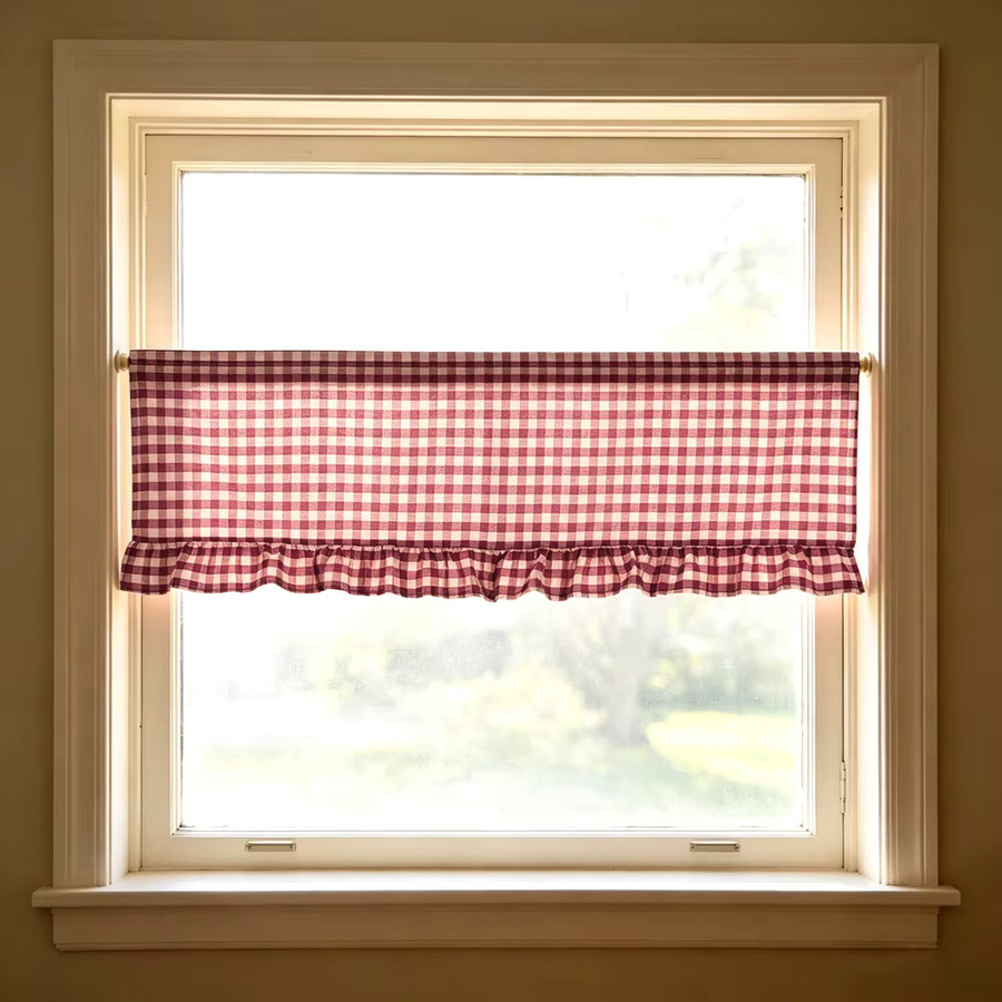 BUYNOW Kurzvorhang mit Volantkante, kariertes Stoffvorhang in Rot, semi-transparent, für Schlafzimmer und Küche - Bild 2