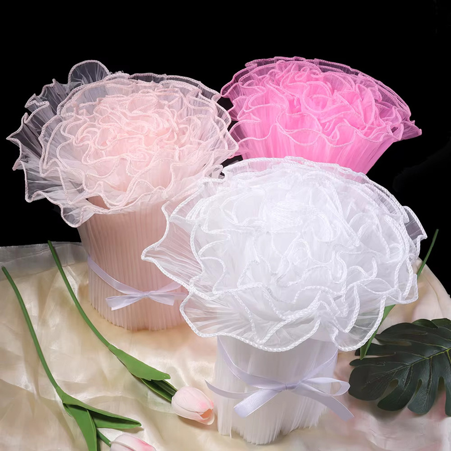 Pinkes Blumenverpackungspapier aus Wellengarn und Spitzennetz für Floristik und Bouquet-Geschenkverpackungen, Breite: 28 cm, Länge: 3,6 m - Bild 2