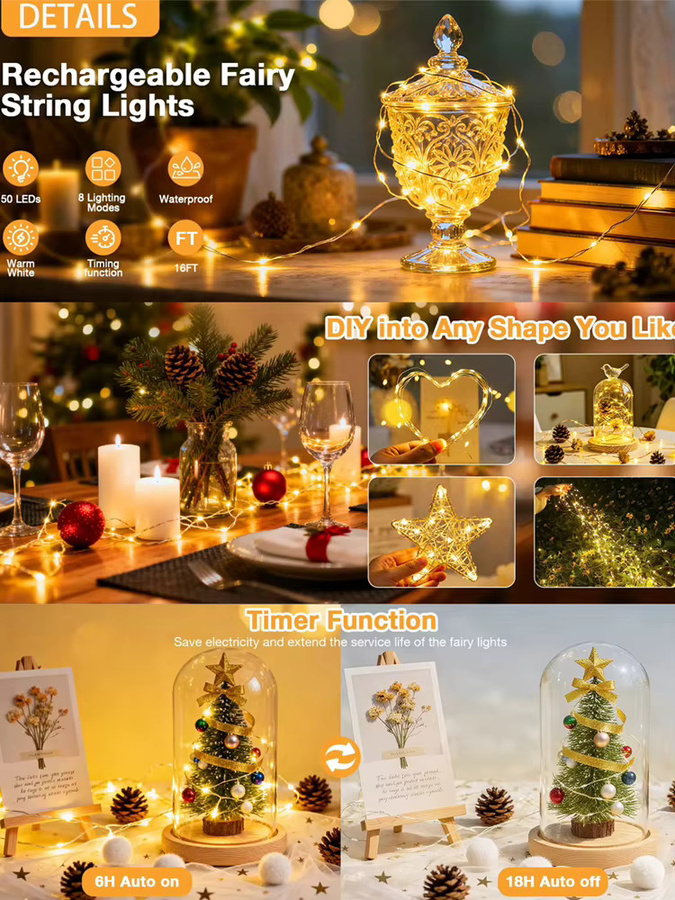 LINYILIGHT RGB LED-Lichterkette wiederaufladbar, dimmbar und blinkend in Multicolour für Weihnachtsbaum und Schlafzimmer - Bild 4