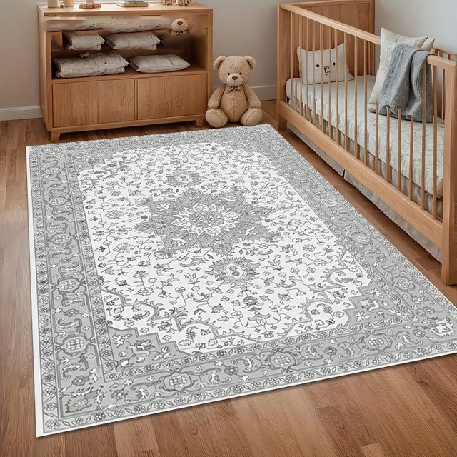 Vintage Persischer Medaillon-Teppich in Grau, rutschfester und weicher Orientteppich für Wohnzimmer, Schlafzimmer, Kinderzimmer, Flur oder Esszimmer - Bild 1
