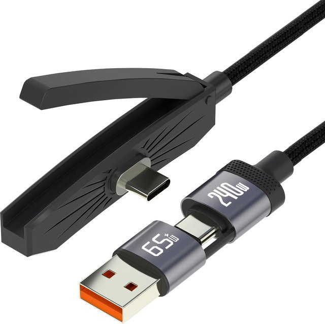 BESY 2-in-1 USB und Typ-C 240W Schnellladekabel mit faltbarem Handyständer in Schwarz - Bild 1