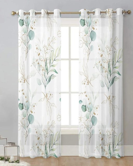 Yiran Furniture Transparente Voile-Gardinen mit Eukalyptus-Blattmuster, Chiffon-Vorhänge für Wohnzimmer und Schlafzimmer, 2er-Set, Farbe: Weiß, Breite: 50 cm, Höhe: 130 cm - Bild 1