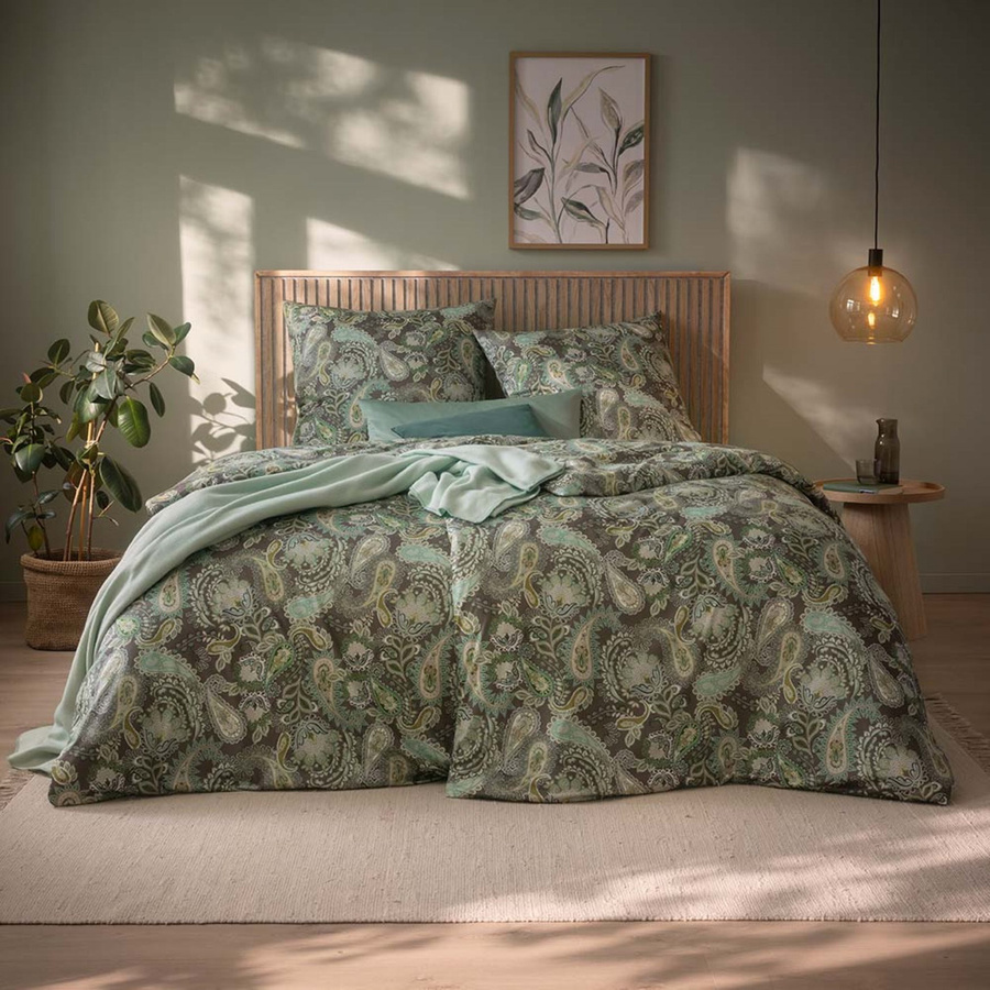 Estella Mako Jersey Bettwäsche Elisabeth Paisley grün oliv mit Bettbezug und Kissenbezug B/H: 155 x 220 cm und 80 x 80 cm - Bild 1