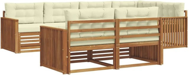 vidaXL Outdoor-Sofagarnitur L-Form aus Akazienholz mit Kissen, 7-teilig, Natur und Creme - Bild 1