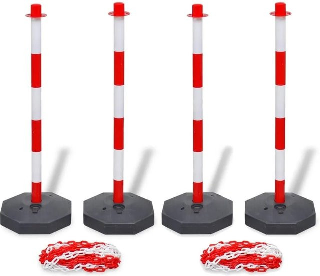 DELUKE Absperrpfosten Set mit 4 Kettenständern und 2 Kunststoff-Warnketten in Rot-Weiß, Höhe: 90 cm - Bild 1