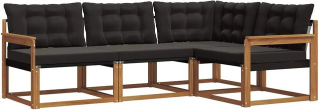 vidaXL Sofa Set 4-teilig L-Form aus Akazienholz und Textilene in Natur und Schwarz mit Kissen - Bild 1