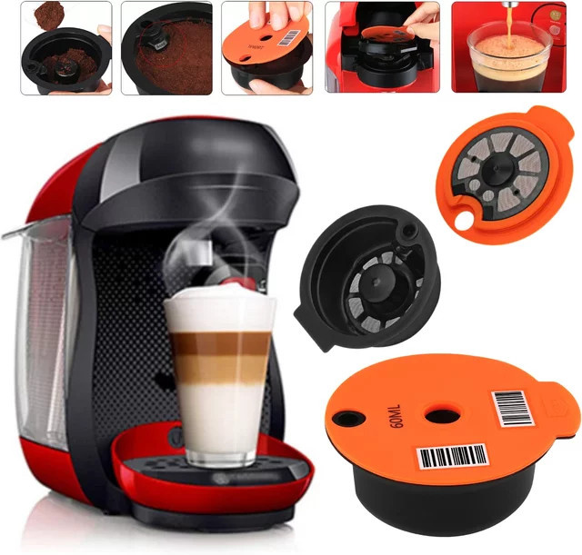 Wiederverwendbare Kaffeekapseln für Bosch Tassimo Maschinen mit Löffel und Bürste, Orange, 60/180ml - Bild 1
