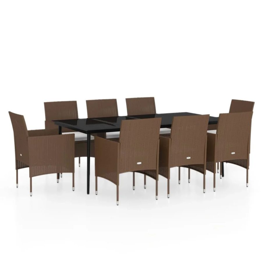 vidaXL 9-teilige Garten-Essgruppe aus PE-Rattan und pulverbeschichtetem Stahl in Schwarz-Braun mit Glasplatte und Kissen - Bild 2