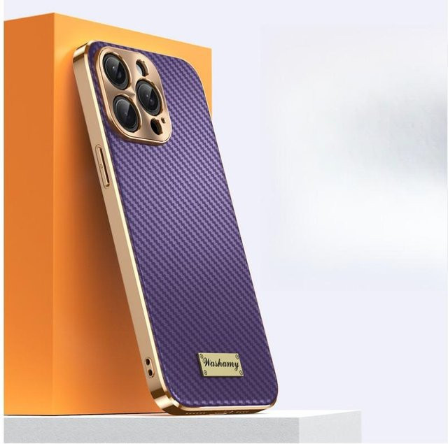 Sturzsichere Business Handyhülle mit Kohlefaser-Textur und galvanisiertem Leder für Apple iPhone 16 Pro Max, 15, 14 und 13 in Purple - Bild 1