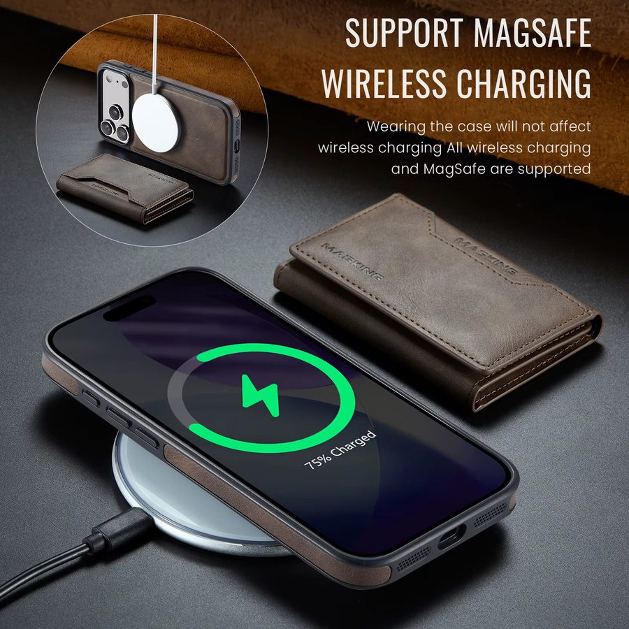 Abnehmbare RFID Leder Handyhülle mit Magnet-Wallet für iPhone 17 Pro Max 16 Plus 15 14 13 12 in Braun und Wireless Charging Kompatibilität von aierkeba - Bild 2