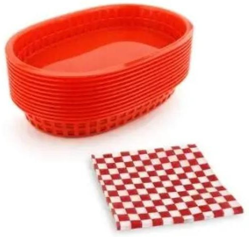 Serviertablett mit 24 Stück kariertem Lebensmittelwachspapier für Hamburger und Pommeskorb in Rot, Gelb, Grün und Schwarz - Bild 1