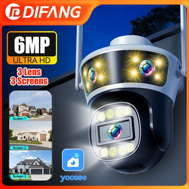 DiFang Yoosee 6MP Außen-WLAN-Sicherheitskamera mit 3 Linsen und 3 Bildschirmen, PTZ, KI-Auto-Tracking, Menschenerkennung und Nachtsicht, Farbe: Weiß - Bild 1