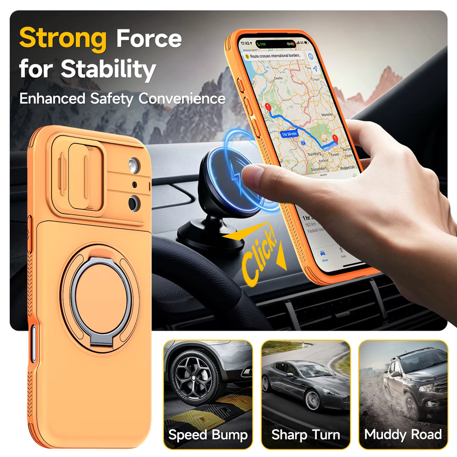 Stoßfeste magnetische Handyhülle mit Ständer und Brieftaschenfunktion für iPhone 17E 17 16 15 Plus 14 13 12 Pro Max inklusive Kameraschutz von szHAIyu in Orange - Bild 2