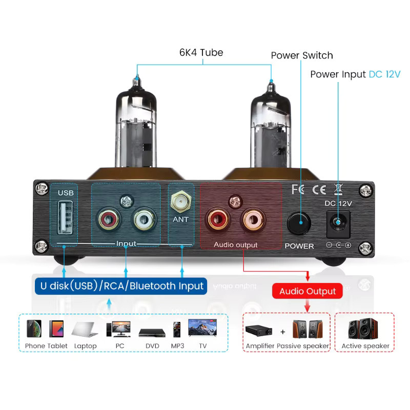 PJ.MIAOLAI A9 6K4 Vakuum Galle Rohr Vorverstärker Mini HIFI Stereo AMP mit Bluetooth 5.0, USB und RCA in Schwarz - Bild 4