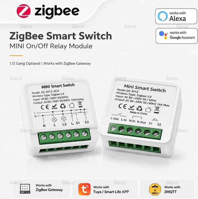 TUYA Zigbee 3.0 Smart Relais-Schalter 1/2-Kanal 16A Mini-Lichtschaltermodul in Weiß, kompatibel mit Alexa und Google Assistant (Zigbee Hub erforderlich) - Bild 1