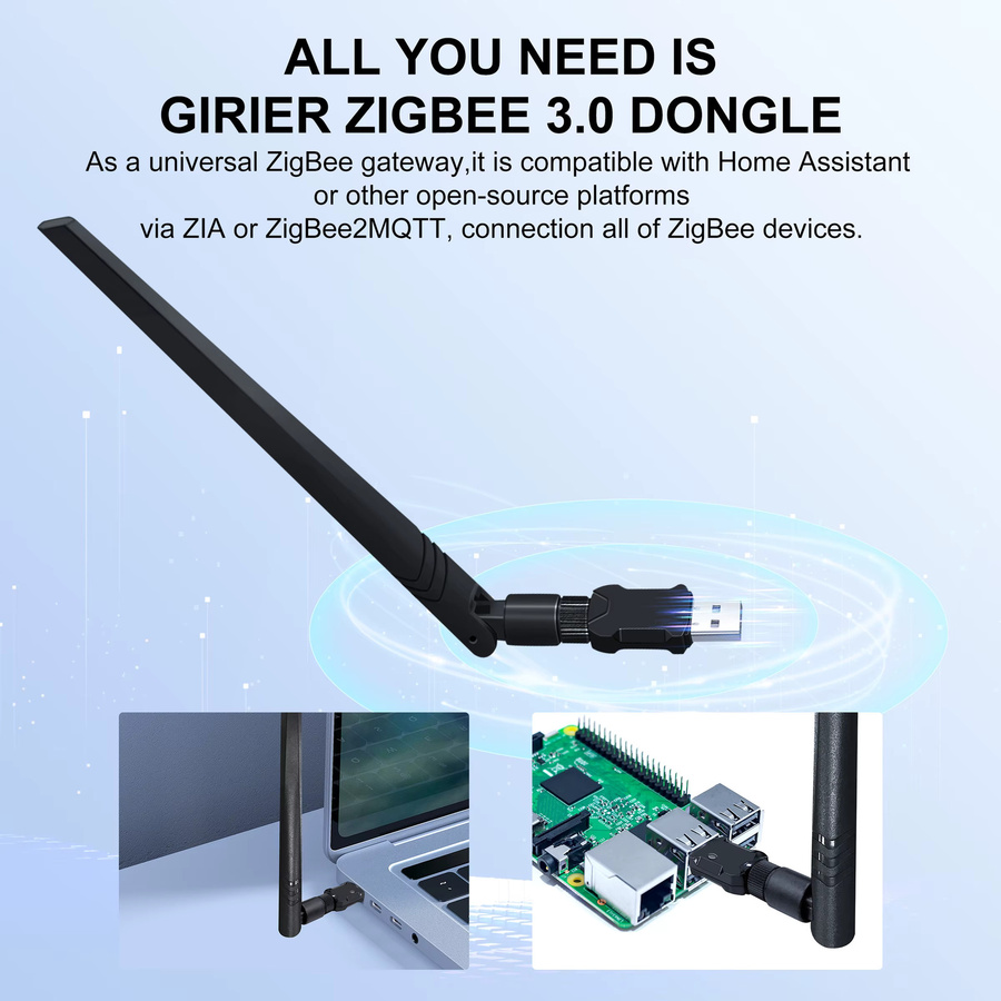 GIRIER ZigBee 3.0 USB-Gateway Dongle mit Antenne in Schwarz, kompatibel mit Home Assistant, OpenHAB und ZigBee2MQTT - Bild 2