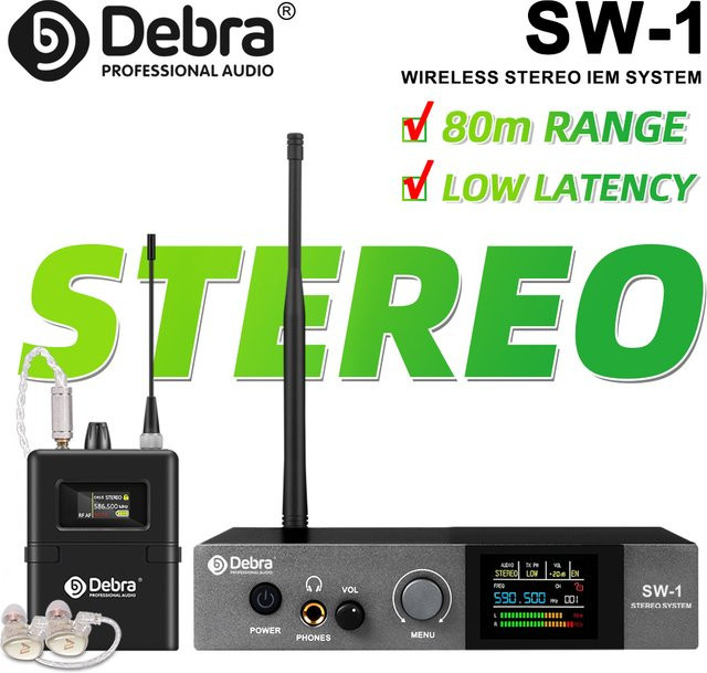Debra SW-1 Professionelles drahtloses Stereo-In-Ear-Überwachungssystem in Schwarz mit stabilem 590–599 MHz Frequenzbereich für Bühne und Live-Interviews - Bild 1