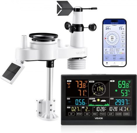 VEVOR 7-in-1 WLAN-Wetterstation mit App, 7,5 Zoll VA-Display, solarbetriebener Außensensor in Weiß - Bild 1