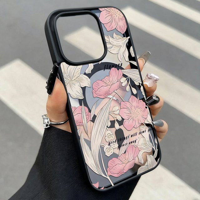 Stoßfeste magnetische iPhone 16 Pro Max Handyhülle mit Blumen-Design in Multicolour und matter Acryl-Abdeckung - Bild 1