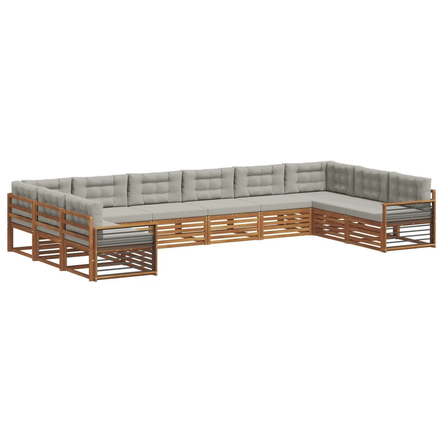vidaXL Sofagarnitur aus Massivholz Akazie in Natur und Hellgrau, 10-teiliges U-Shape Set mit Sitz- und Rückenkissen - Bild 2