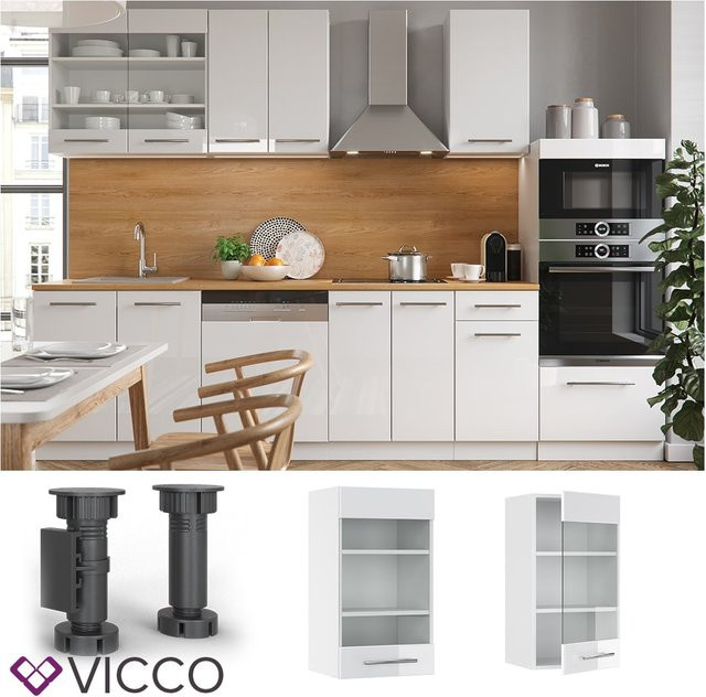 VICCO Hängeglasschrank Fame Küchenzeile mit Glastüren und Softclose in Weiß, Breite: 40 cm - Bild 1