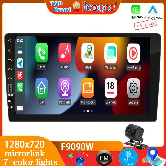 BQCC F9090W Single Din 9 Zoll IPS Kapazitiver Bildschirm mit CarPlay und Android Auto, Kabellos oder Kabelgebunden, Schwarz mit 7-Farben Ambientebeleuchtung - Bild 1