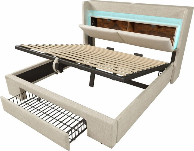 okwish Polsterbett Beige mit hydraulischem Stauraum, USB-Ladeport und Unterbettbeleuchtung, B/T/H: 219 x 180 x 111 cm - Bild 1