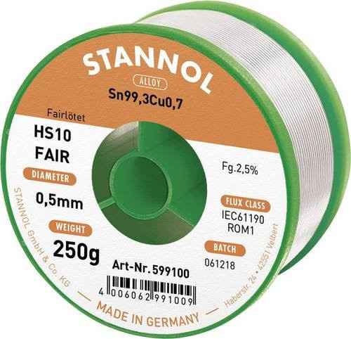 Stannol HS10-Fair Lötzinn Spule Sn99,3Cu0,7 ROM1 in Silber, 0,5 mm, 250 g - Bild 1