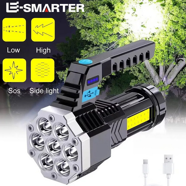 ESMARTER LED-Taschenlampe mit 7 LEDs und COB-Seitenlicht, wiederaufladbar, Schwarz, ABS-Material - Bild 1