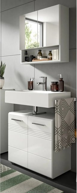 Inn.Furn Badmöbel-Set Carlo in Weiß und Grau Hochglanz, 2-teilig mit Waschtischunterschrank und Spiegelschrank, Wandmontage - Bild 1