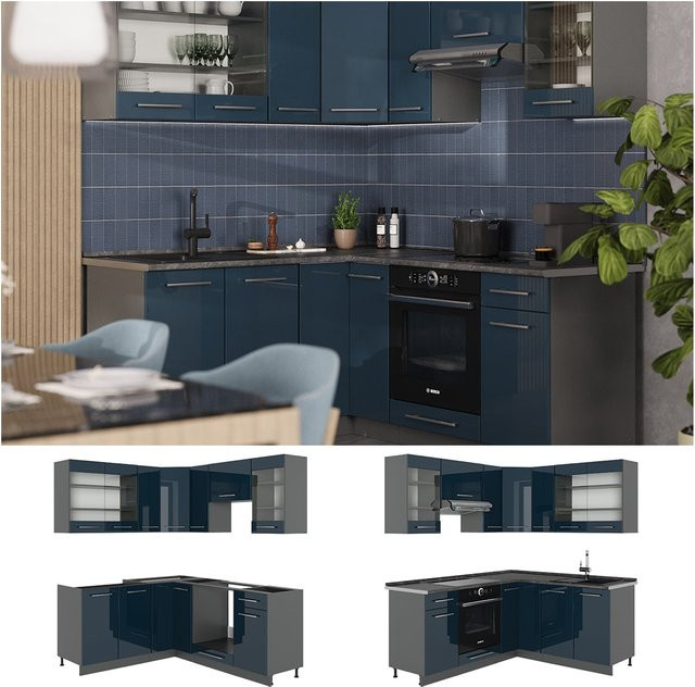 Vicco Eckküche Fame-Line in Anthrazit und Dunkelblau Hochglanz mit Arbeitsplatte in Eiche, B/T/H: 160 x 190 cm - Bild 1